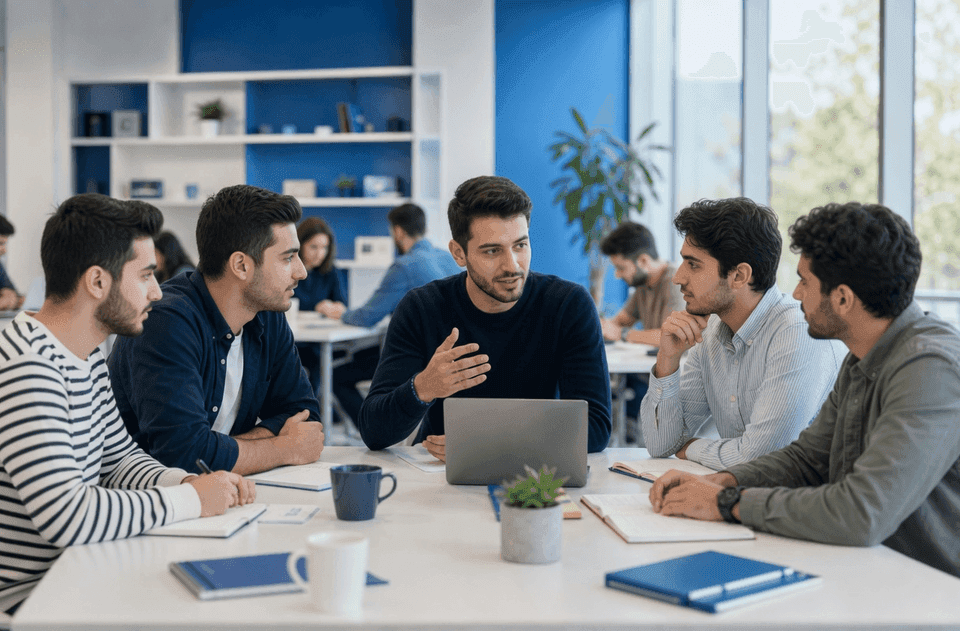 Umre hazırlık seminerinde gençlerin rehber eşliğinde çalışması